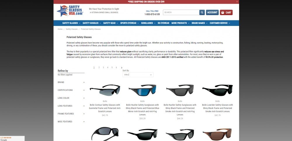 SafetyGlassesUSA.com Polarized Safety Glasses page