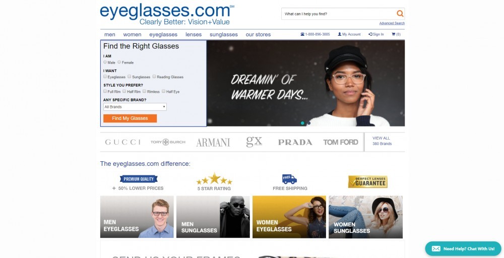 Eyeglasses.com homepage